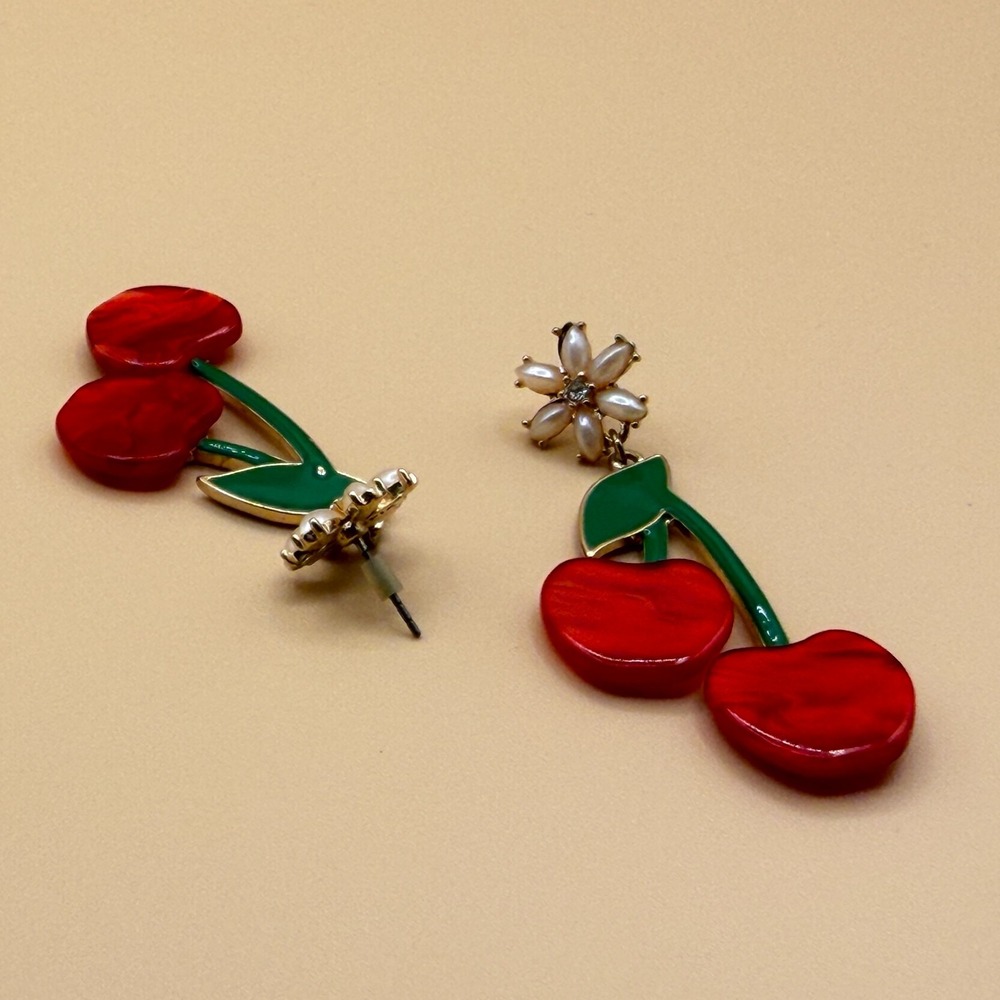 Red Cherry Dangle Earrings Pearl Flower Green Enamel Coquette Statement Gift - Picture 12 of 15